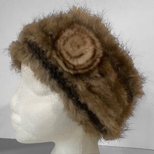Brown Rabbit Fur Women's Headband HAT Plush Fur with Spiral Rose Detail